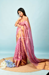Pink Zari Work Soft Organza Saree